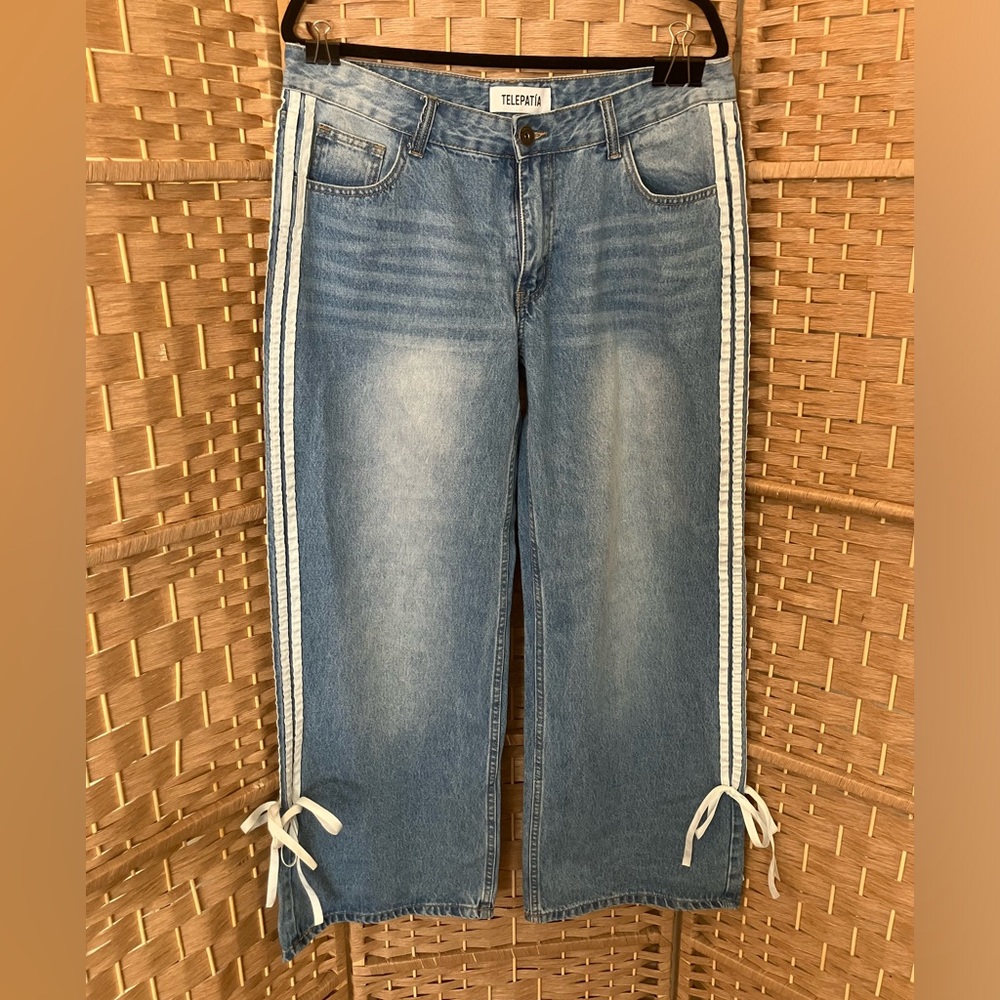 Telepatia Wide Leg Light Blue Jeans with Side Stripe - Picture 2 of 10